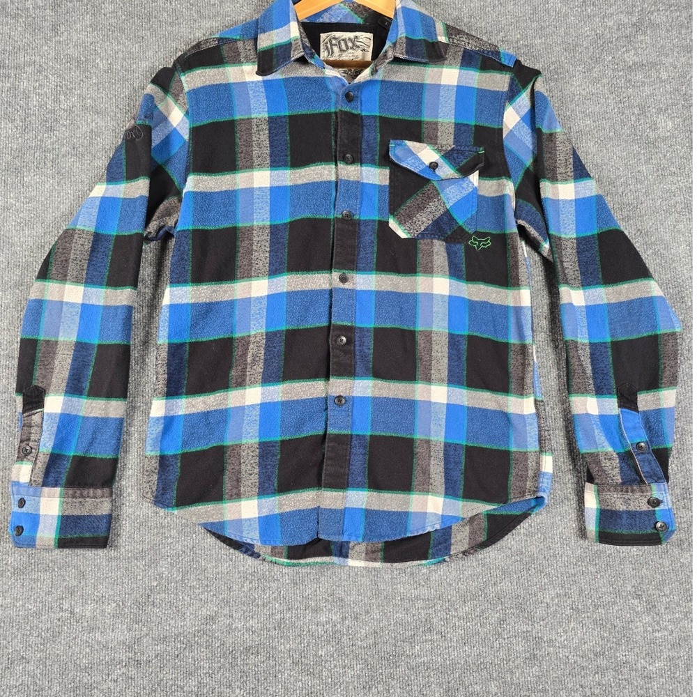 Fox Racing Mens Flannel Shirt Blue Black Plaid Long Sleeve Button Up Size‎ Large